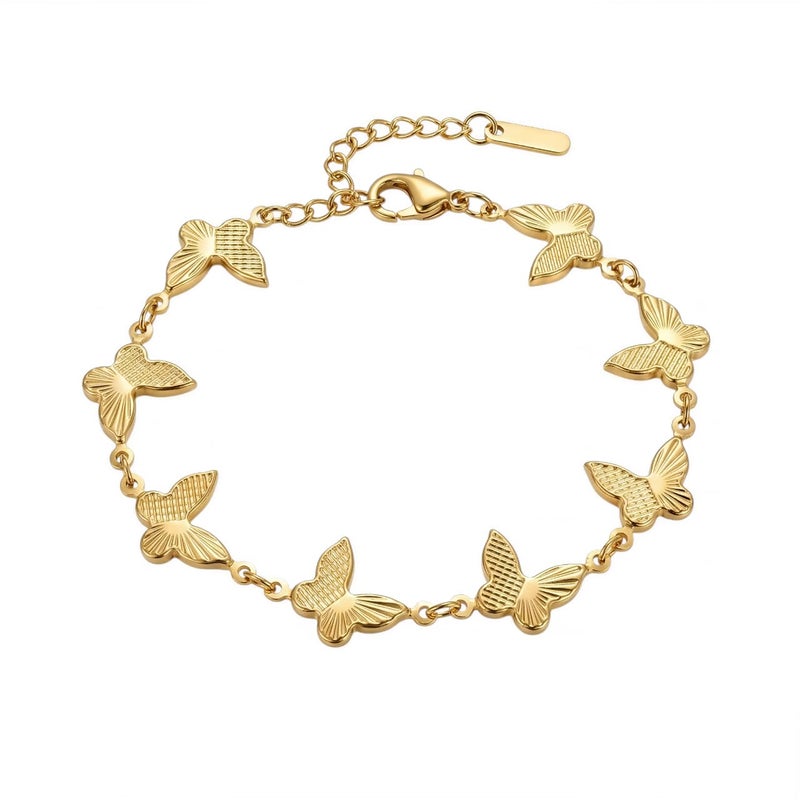 انسيال ذهبي مصنوع من الستانلس ستيل المقاوم للصدأ، مزين بفراشات بارزة بتفاصيل محفورة لامعة، تصميم رقيق يبرز جاذبية معصمك، مع قفل قابل للتعديل ليناسبك. - Image 1